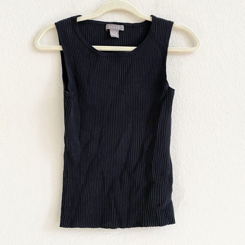 Kenar Womens Top Black Ribbed Large Sleeveless Scoop‎ Neck Knit Silk Blend Tank